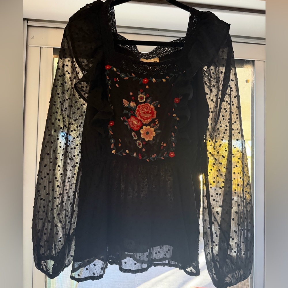 Savanna Jane Black Sheer Blouse with Floral Embroidery